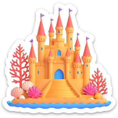 Ariel's underwater castle from The Little Mermaid, golden spires, colorful coral, seashell architecture, bubbles sticker