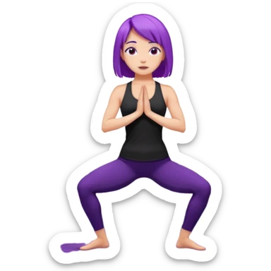 A woman with purple hair standing tall in mountain pose, wearing a black yoga outfit, calm expression, mandala background, digital art style. sticker