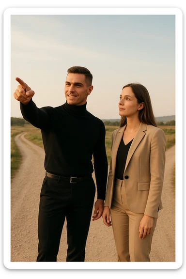 Editorial photo of a confident man standing at a crossroads, pointing decisively toward a clear path ahead. Beside him, a woman looks at him with trust and readiness to follow. Both are well-dressed, the setting is an open landscape with soft, natural light. The mood is one of leadership, guidance, and partnership. sticker