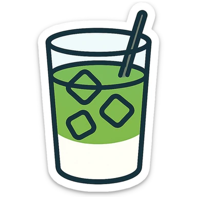 minimalist icon of an iced matcha latte, simple green and white shapes, clean lines sticker