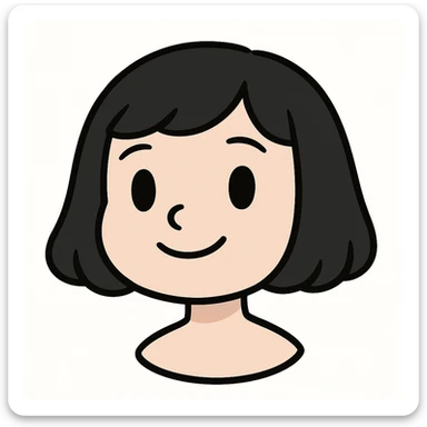 cute girl with pale skin, black bob haircut, cartoon features, big simple eyes, simple smile, minimal details, Telegram sticker style, head only without neck, white background sticker