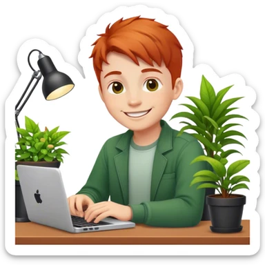 Redhead programmer boy sitting at a desk with plants and smiling sticker