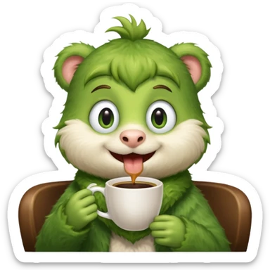 Cut the Rope's Om Nome in barista's suite with a cup of cofee sticker