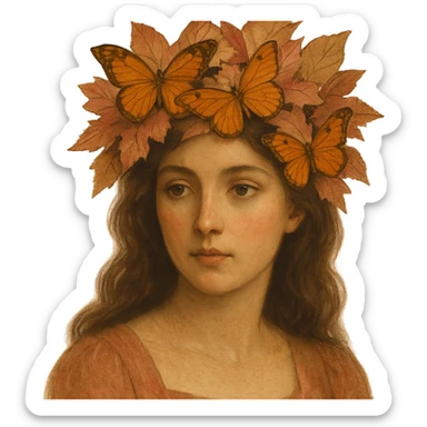 Change the butterfly crown to antique pink with orange butterflies and autumn leaves, vintage and warm. Keep the background transparent. sticker