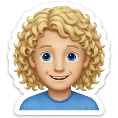 blonde boy with long curly hair past his hears smiling sticker