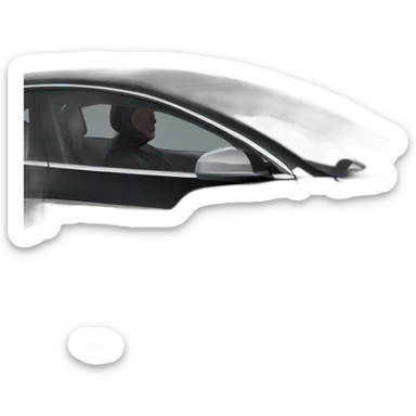 photo-realistic Elon Musk, at the wheel, inside an all black Tesla Model 3, side view sticker