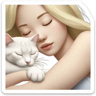long blonde hair asian girl napping with white cat sticker