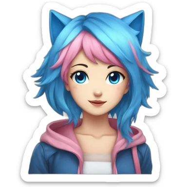 anime girl, fox ears, blue eye, blue hair, pink hair sticker