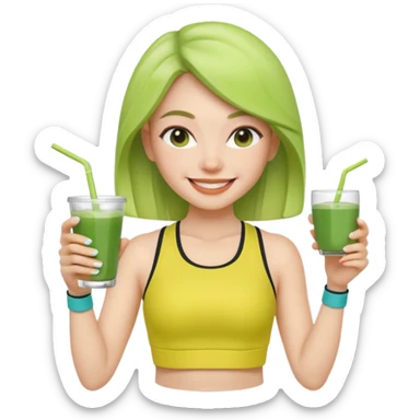 Молодая девушка-мемоджи, яркая и счастливая улыбка, свежий взгляд, в стильной спортивной одежде после занятия йогой. В руке держит стакан яркого лимонада матча, модные аксессуары, гладкие волосы, минималистичный стиль Apple Memoji, чистый белый фон. sticker