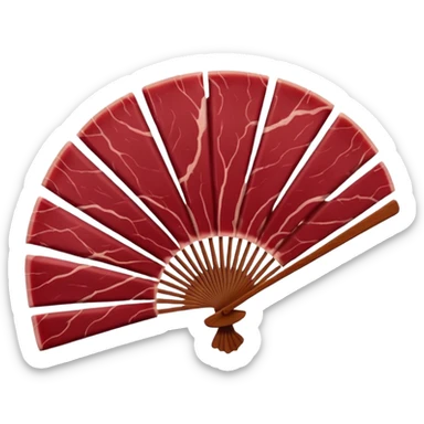 air-dried beef slices, thin, deep burgundy-red, smooth glossy surface, darker curved edges, fine grain, lean texture, slightly overlapping in loose fan, no board, garnish, or packaging, soft lighting, emoji scale sticker