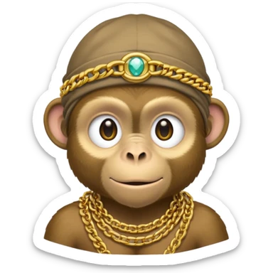 Dark monkey with a dew rag and gold chain and grill sticker