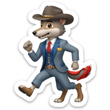 Big muscler grey wolf hound with cowboy hat and suit. With big bold letters spelling “RUNNER” sticker