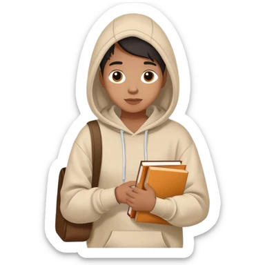 A flat-style illustration of a college student with a tote bag over the shoulder and a book in one hand and coffee. The student wears a hoodie. Clean cartoon style, white background, iOS emoji aesthetic. sticker
