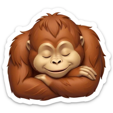 Meme-Worthy cute Sleeping Orangutan Portrait Emoji, Head resting peacefully with a contented smile, showcasing luxuriously soft fur and eyes gently closed in serene slumber, Simplified yet comically adorable features, highly detailed, glowing with a soft, drowsy jungle light, high shine, relaxed and utterly lovable, stylized with an air of playful laziness, bright and heartwarming, soft glowing outline, capturing the essence of a sleeping orangutan that feels destined to become the next viral icon of adorable rest! sticker