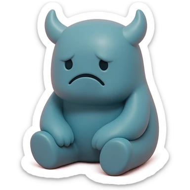 lonely monster, sitting alone with a sad expression, muted blue and grey colors, toy-like vinyl figure style sticker
