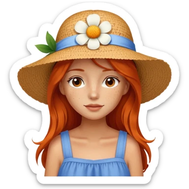 girl, freckles, wearing_summer_hat, white flower on hat, red orrange long hair, blue dress sticker