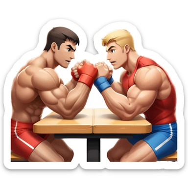 Two strong competitors locked in an intense arm wrestling match, muscles tensed as they battle for victory. The table is well-lit, showcasing their focused expressions and powerful arm grips. The background features a competitive arena with a cheering crowd. Transparent background. sticker