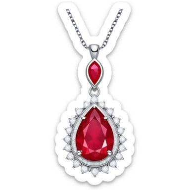 teardrop ruby pendant on silver chain, surrounded by white stones and radiant aura sticker