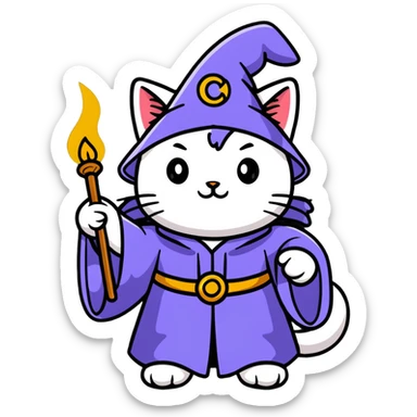 A cat wizard casting a spell with magical staff and flowing robes sticker