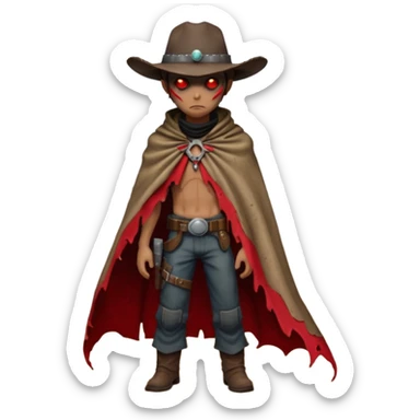 A rugged alien outlaw cowboy with scars and glowing red eyes, torn futuristic poncho, standing in a deserted alien town, dust blowing through empty streets, moody shadows, gritty sci-fi western realism
 sticker