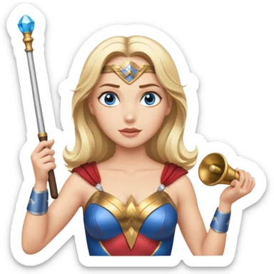 Blonde blue eyed Wonder Woman holding white orchestra conductor’s baton and bell sticker