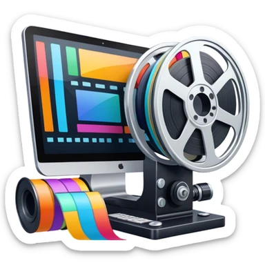 a vibrant and modern icon representing Animation and Motion Design, featuring elements like a film reel, a computer screen displaying animation, dynamic motion lines, and a cinematographic film strip on an editing table. colorful, and dynamic, without any emojis. The background  transparent. sticker