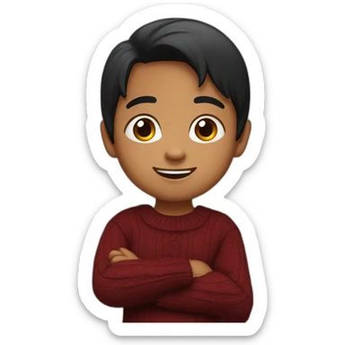smiling and pointing north 3 years old indian with black hair wearing a dark red sweater sticker