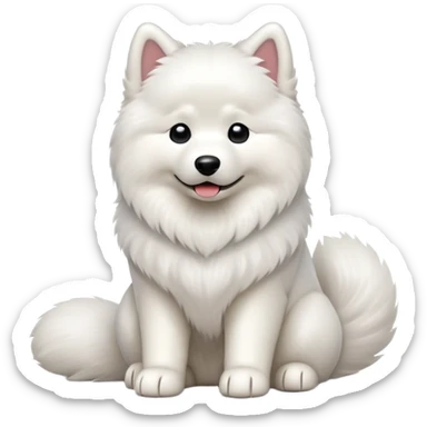 cinematic-[samoyed]-realistic-full-body-sitting-emoji,-tail-resting-loosely-beside-its-paws,-head-tilted-dramatically, -fluffy-[white]-fur,-simplified-yet-realistic-focused-features,-highly-detailed,-glowing-with-an-almost-sarcastic-glow sticker