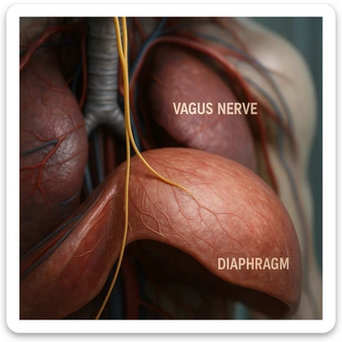 vagus nerve connecting to the diaphragm, hyper realistic 4K style, anatomical details, clinical atmosphere sticker