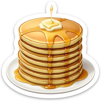 Cinematic fluffy golden pancakes, stacked high, drizzled with maple syrup, topped with fresh butter melting on top, light dusting of powdered sugar, warm and inviting, soft glow and mouthwatering. sticker