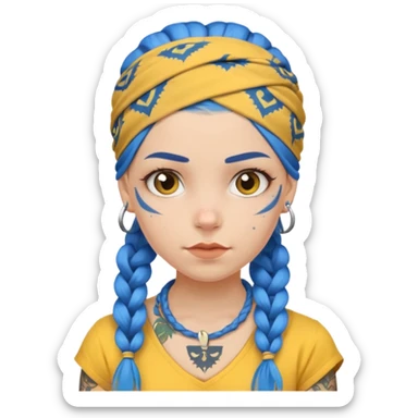 blue braided hair with yellow head bandana and lots of face tattoo girl sticker