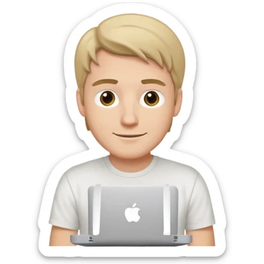 A white man in his mid 20s, middle part average dude with slightly droopy eyes, happy, using a MacBook (no logo), hero for an iOS developers website sticker