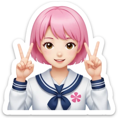 Energetic anime girl with short pink hair wearing Japanese sailor style school uniform, winking and making double peace signs, very cheerful and bubbly, kawaii style sticker