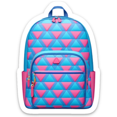 A stylish cute school backpack, medium-sized, with a modern design in bright blue and pink. It features a geometric pattern of subtle triangles across the front pocket, giving it a sleek yet dynamic look, front view sticker