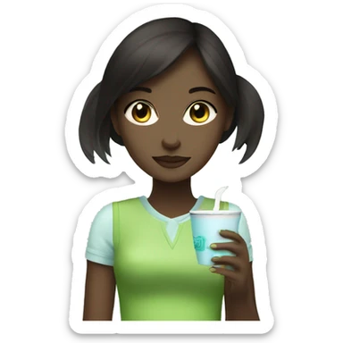 dark brunette girl with bright blue eyes drinking a light green matcha tea sticker