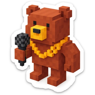 Russian grizzly bear with a rapper chain, holding a microphone sticker