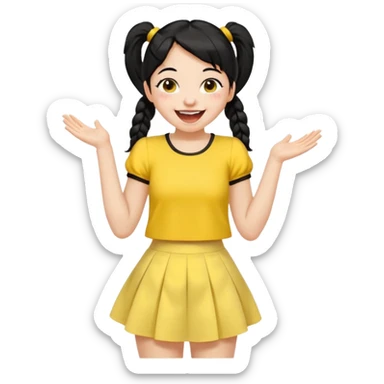 Cewe Ceria Kulit putih cerah, rambut hitam dikuncir dua (pigtail) atau ponytail tinggi. Pakai sabrina kuning terang + rok putih. Lagi ketawa lepas sticker