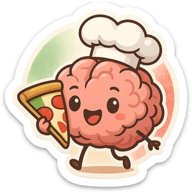 playful cartoon brain wearing a chef's hat holding a slice of pizza with Italian flag colors in the background, fun and whimsical style sticker
