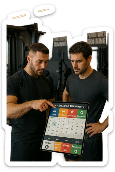 realistic cinematic photo a personal trainer and a client stand in a modern gym, reviewing a large, color-coded training calendar or chart on a tablet. The calendar shows different phases (Forza, Ipertrofia, Resistenza, Recupero) with icons and dates. Around them, gym equipment and motivational posters reinforce the idea of structured, periodized training. in italiano sticker