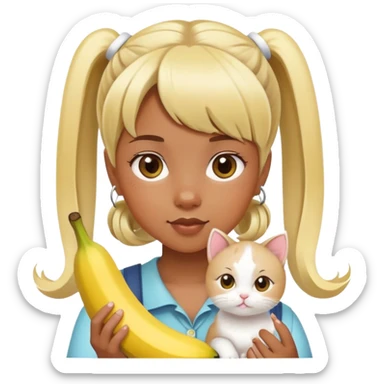 A girl with brownish skin, with blonde two pigtails and banana-styled bangs holding a white kitty sticker