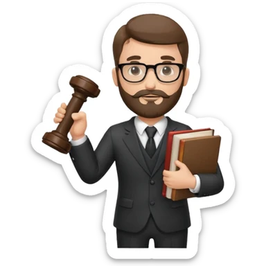 Create a male lawyer. he is wearing a fromal suit jckeret. He is holding a gavel in one hand and a book tucked under his another arm. He has beard and glasses sticker