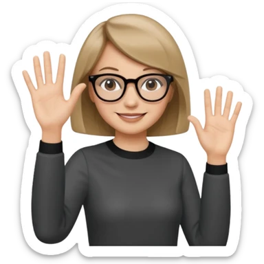 woman dark blonde petite bob haircut wears dark squarish glasses, classic clothes, smiling, waving, a tad older sticker