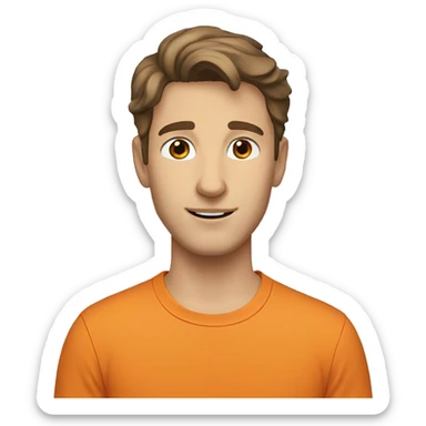 young caucasian man with brown eyes and  brown hair wavy. orange shirt.  sticker