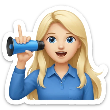  blue eyes blonde girl yelling into megaphone with right hand smiling long hair holding up left first finger sticker