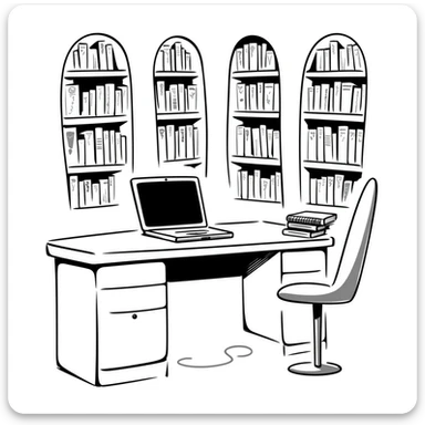 A cozy library with curved bookshelves and an open old-school laptop

 sticker