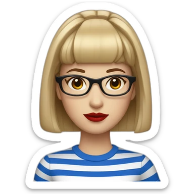caucasian woman with square black glasses, straight bangs, red lipstick, blue and white striped t shirt sticker