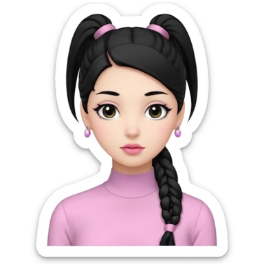a woman with long sleeve dress top, her hair is long black pony tail, her face is soft girl style, her eyes color are black and the color of her lip is soft pink sticker