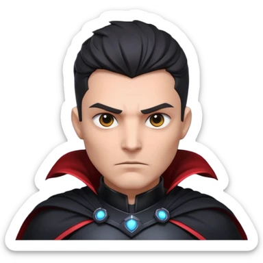 dark sci-fi villain portrait, head and shoulders only, black armor, cape collar, intense eyes, dramatic lighting, 3D cartoon, mobile game icon, clean background, no text
 sticker
