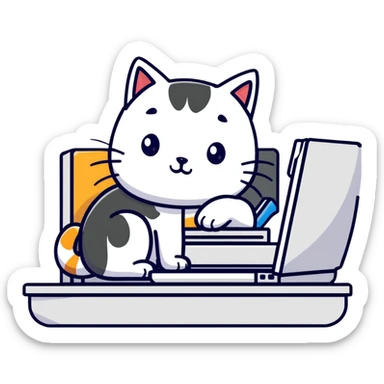 a girl working at a computer with a cat curled up next to the computer sticker