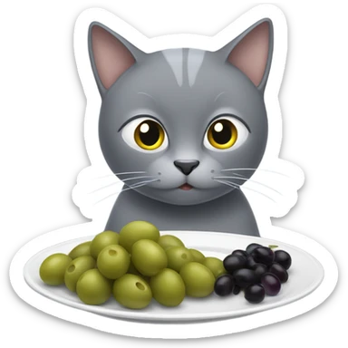 Grey cat eating olives from the plate sticker